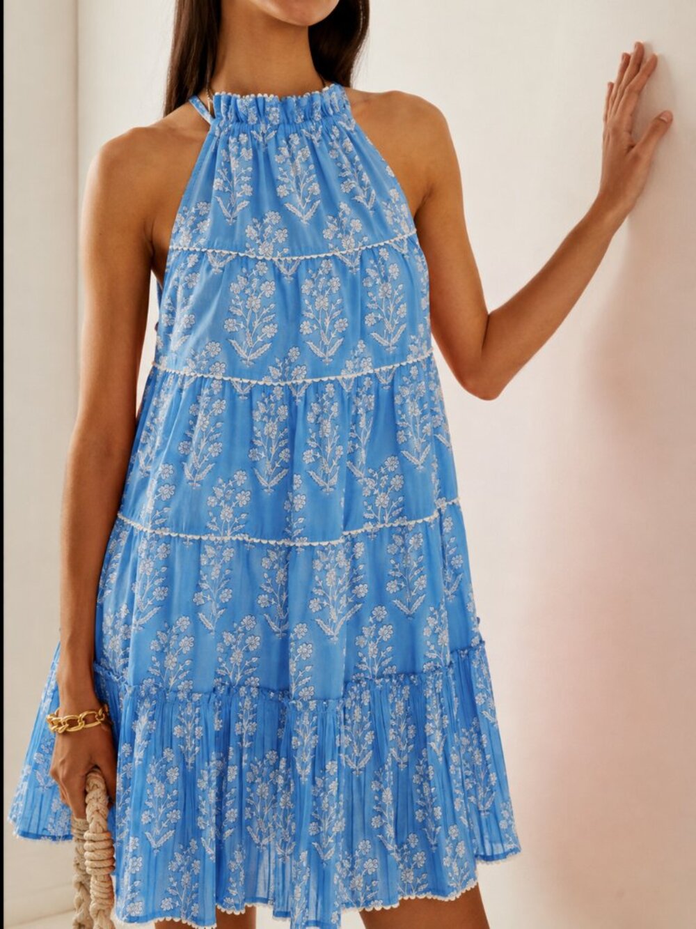 Juliet Dunn Tie Back Tiered Mini Dress in Blue Floral
